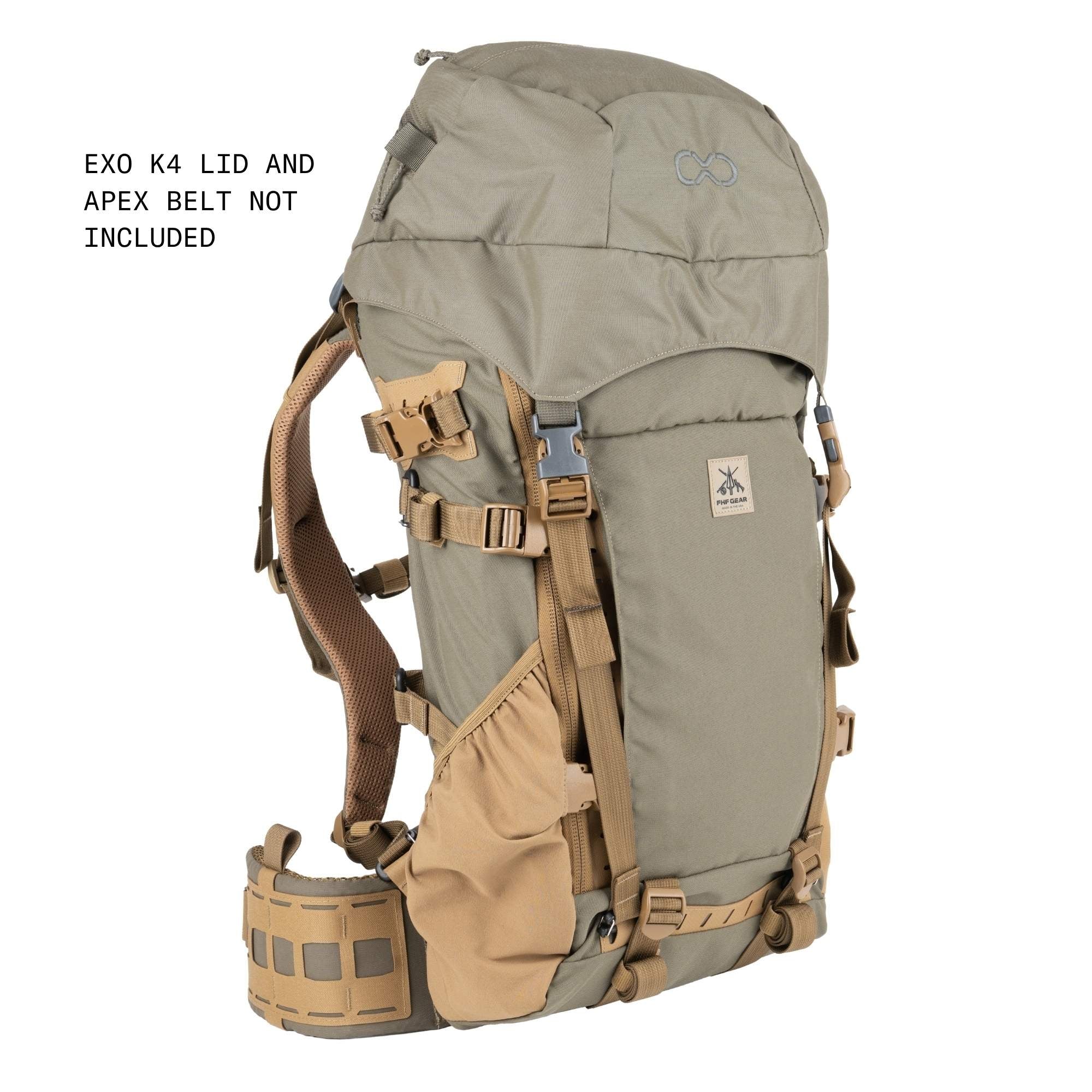 Tactical hunting backpack in olive green and coyote brown with brand label on the front 'FHF Gear' and text "EXO K4 LID AND APEX BELT NOT INCLUDED" to the side.