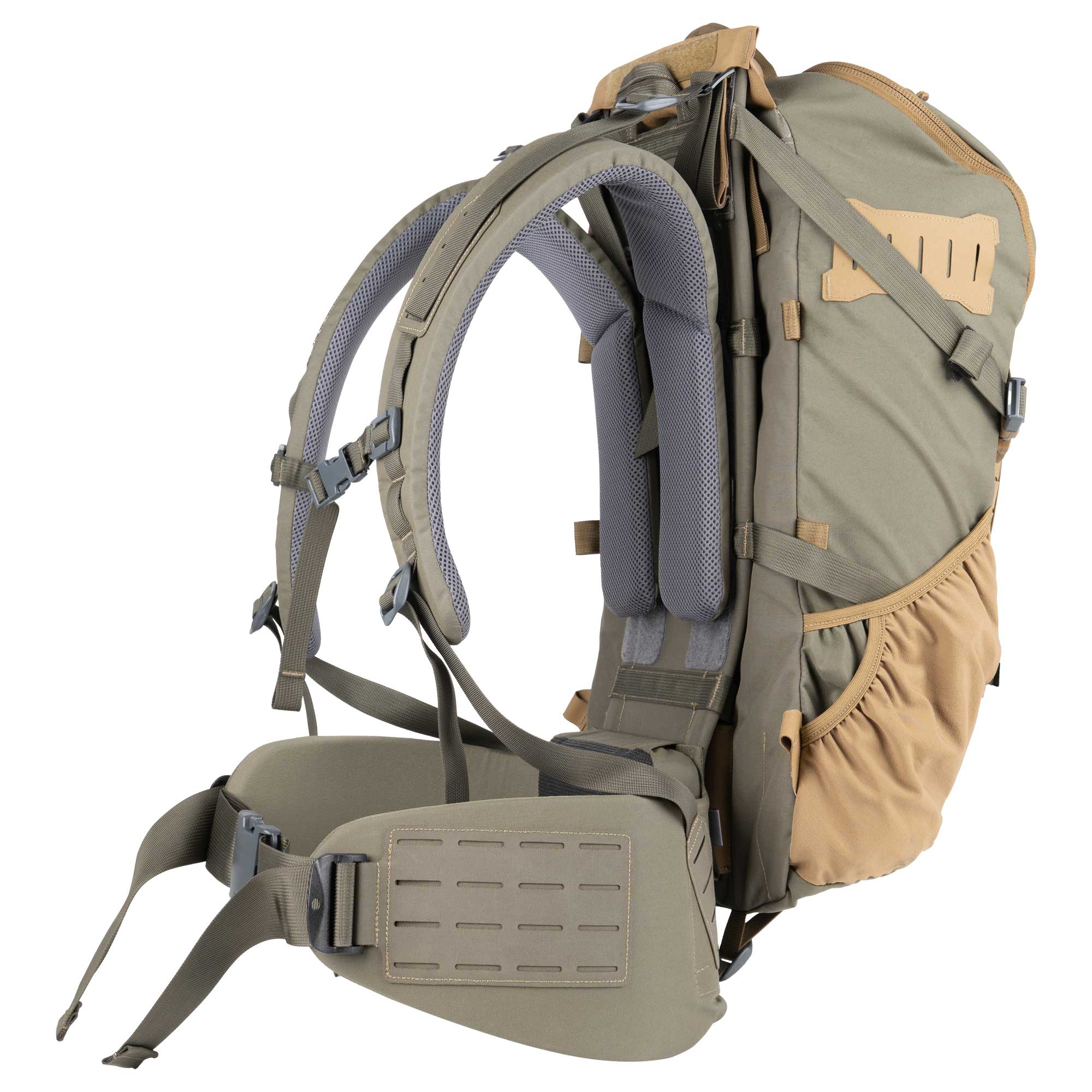 A hunting backpack in coyote brown and khaki green, shown from a three-quarters rear view against a solid white background.