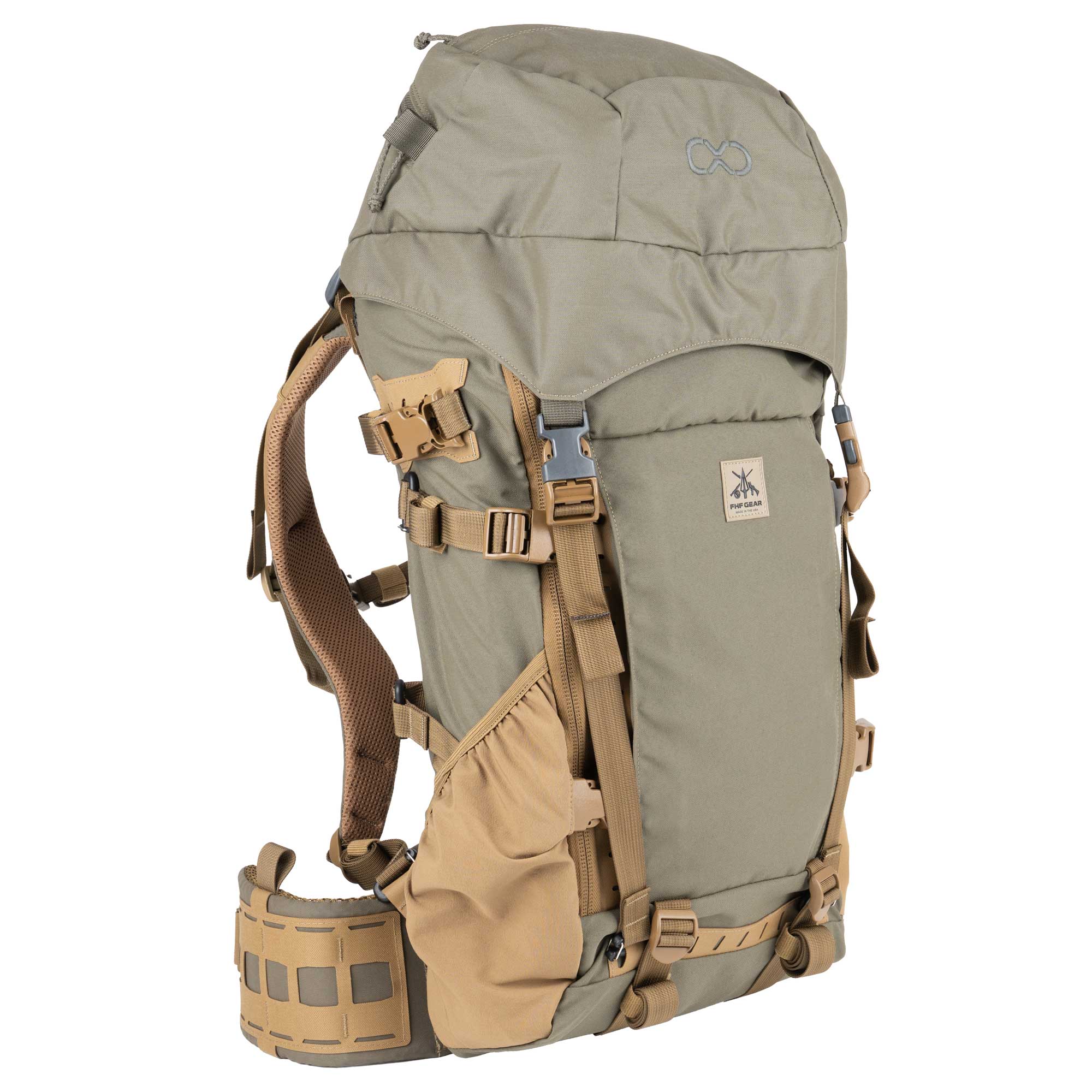 A hunting  backpack in olive green and tan, shown from a three-quarter angle against a plain white background.
