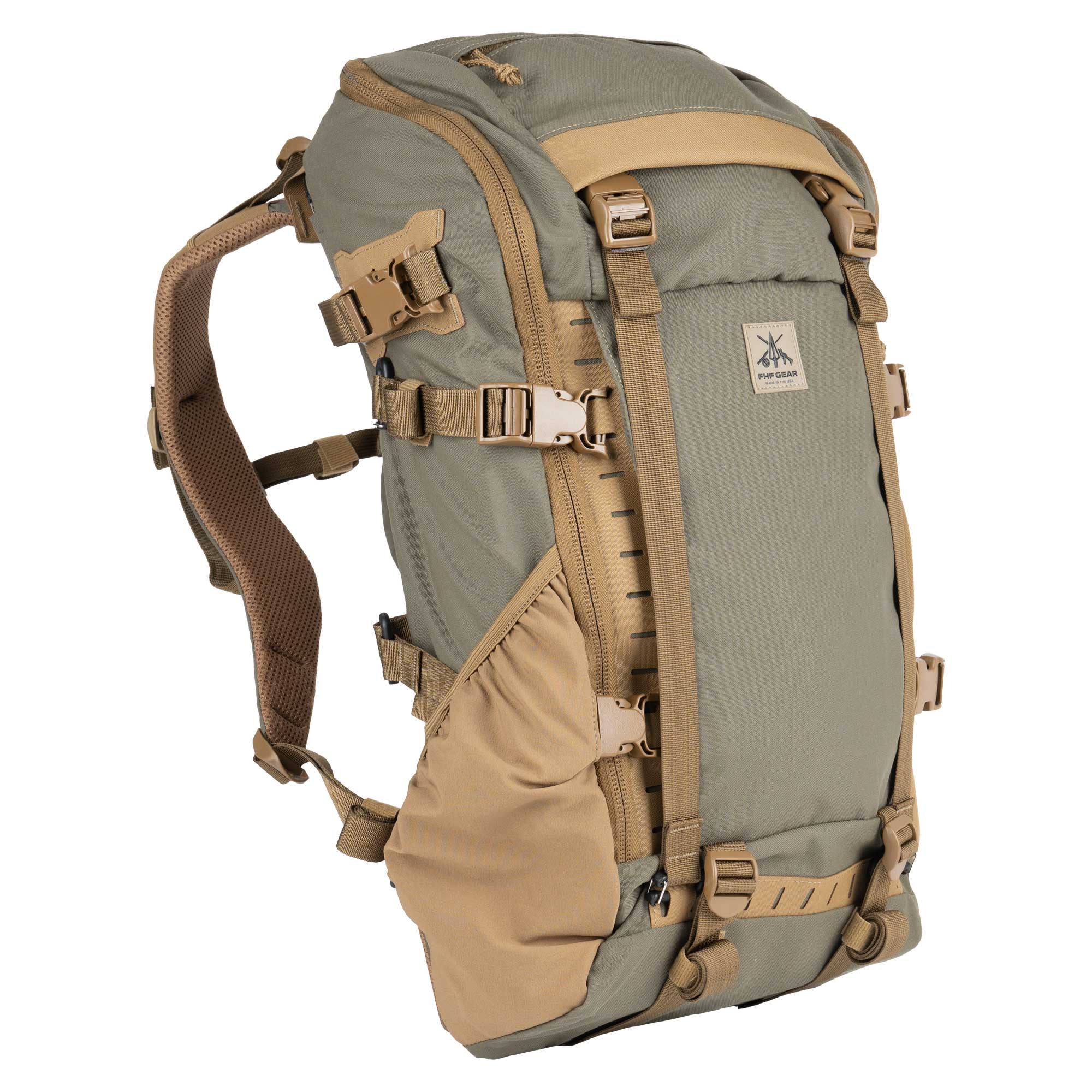 A tactical hunting backpack in olive green and coyote brown, shown from a three-quarters angle against a plain white background. The brand label on the front reads 'FHF Gear'.