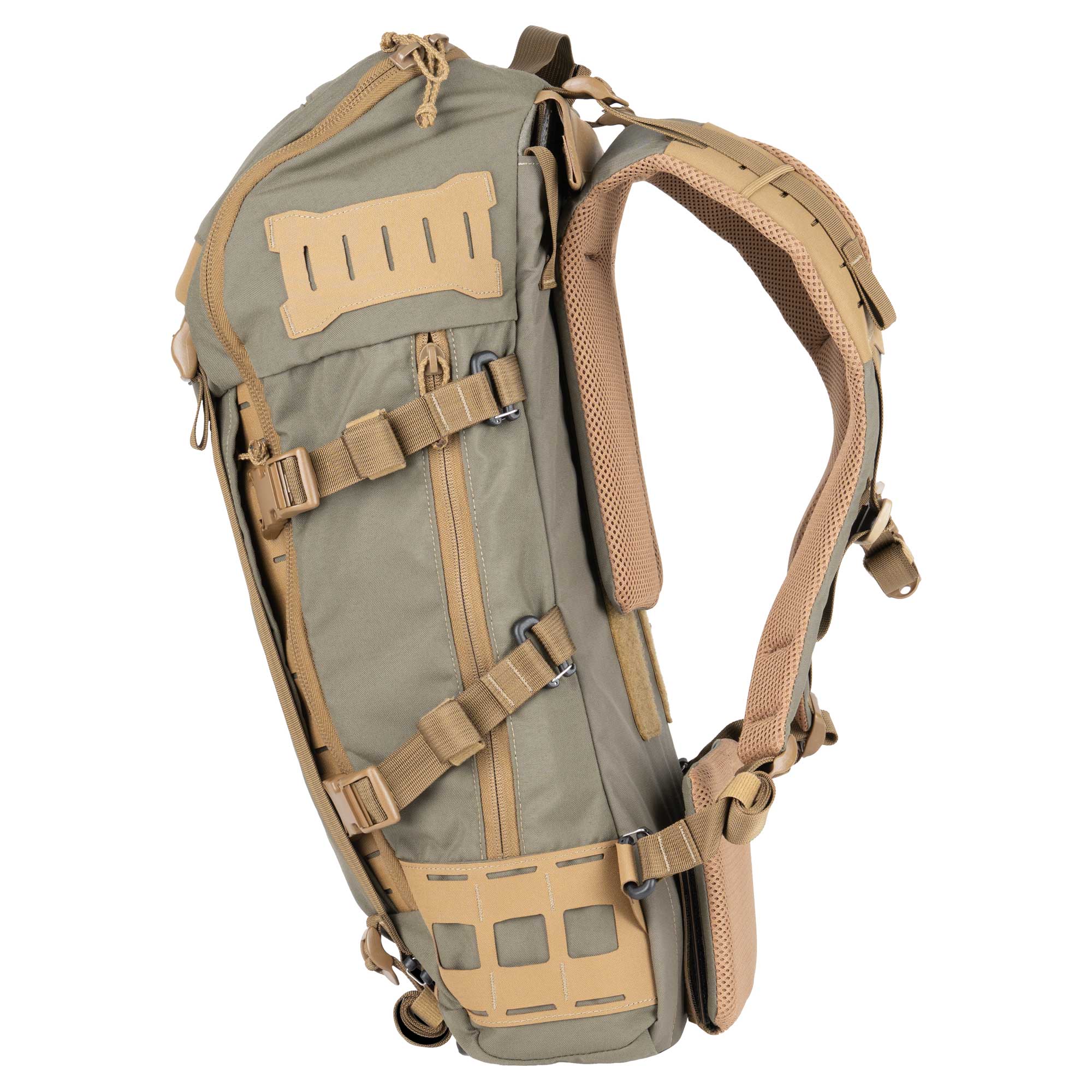 A hunting backpack shown from a three-quarters angle against a plain white background. The backpack features a muted olive green body with tan and beige webbing straps, buckles, and padded shoulder straps.