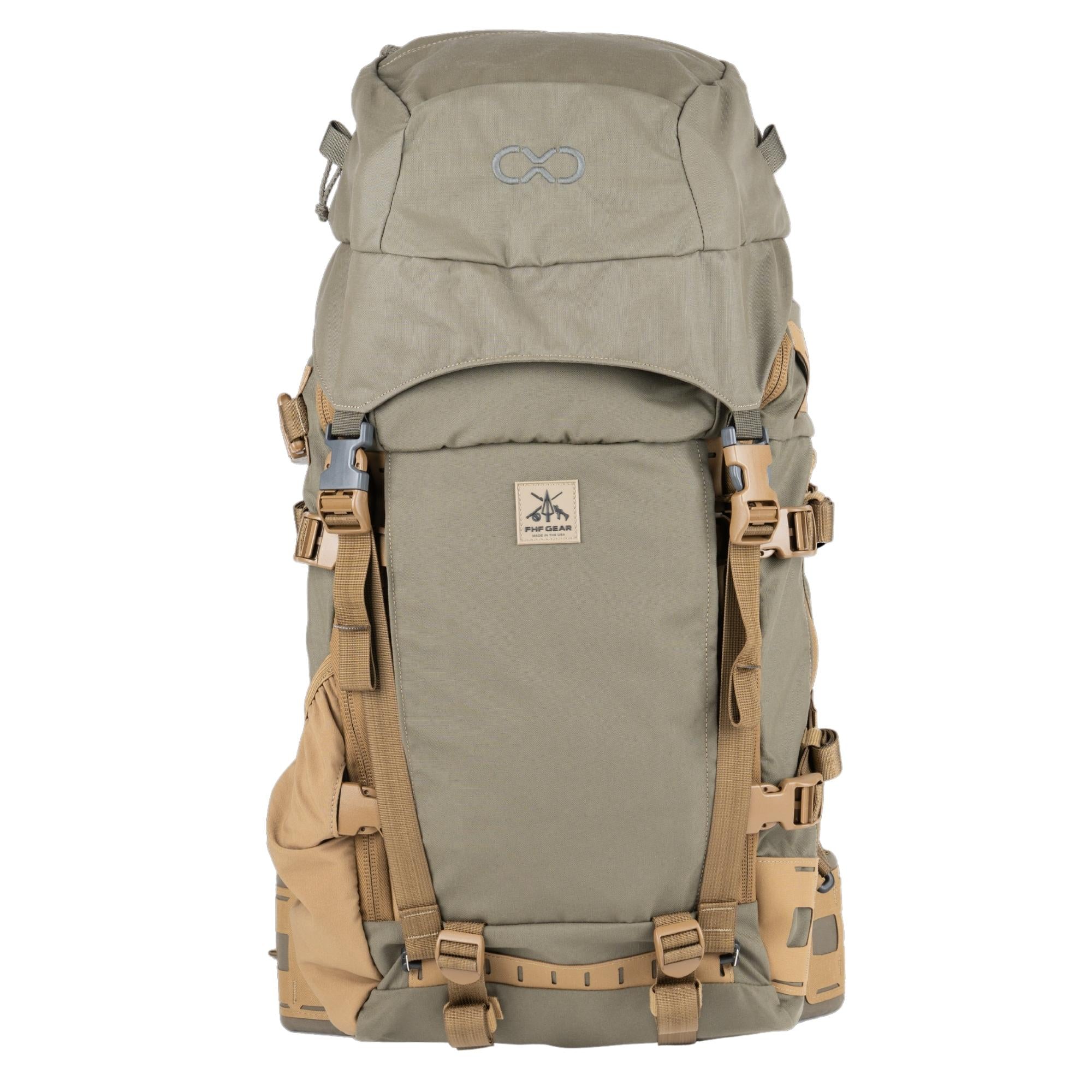 A hunting  backpack in olive green and tan, and a lid on top.