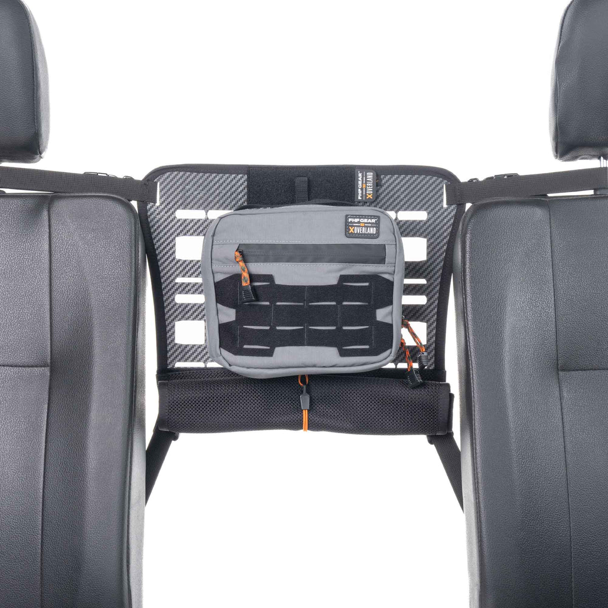 The Bulkhead mounted between two black seats and a grey The Waypoint GP Pouch on it, both have FHF OVERLAND branding.