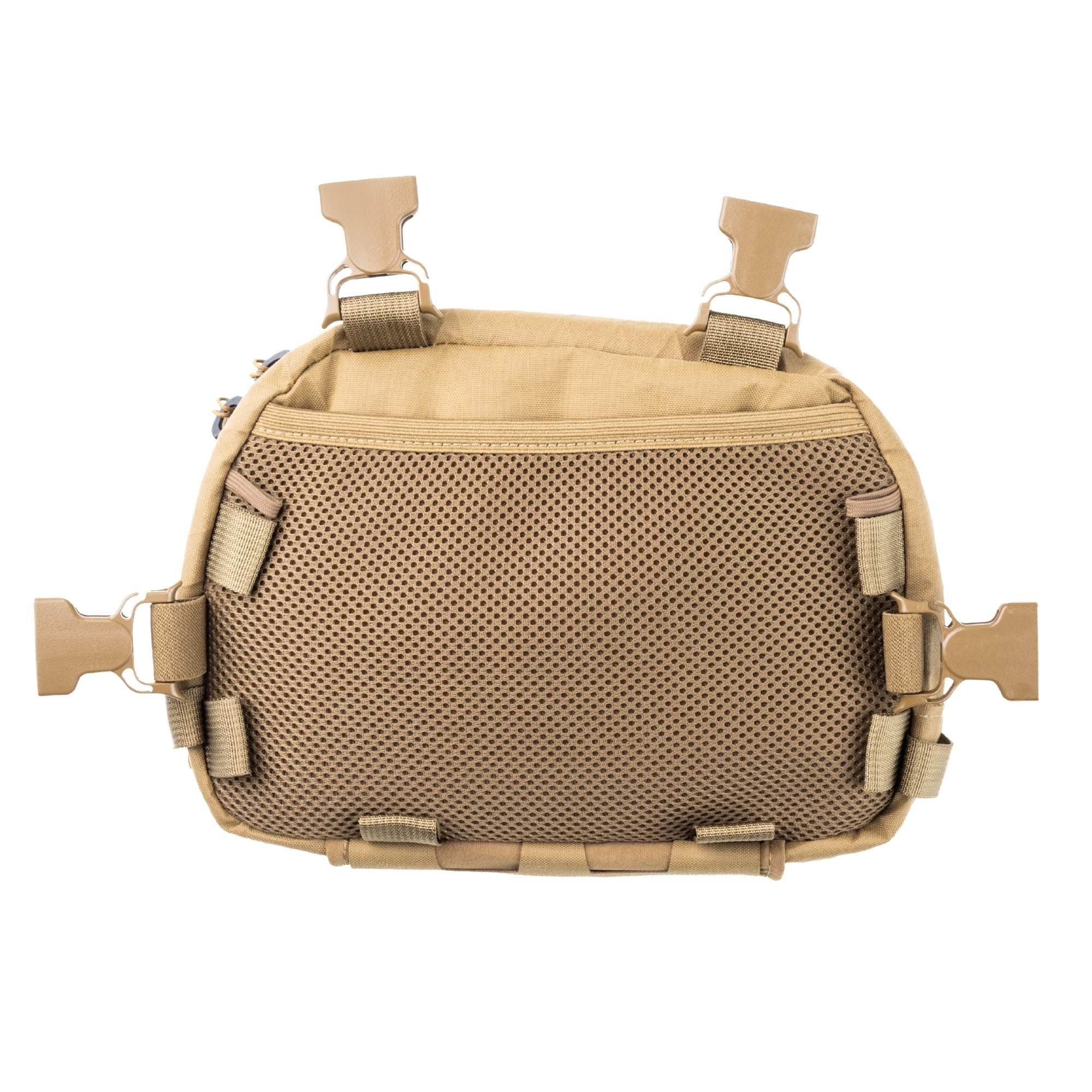 Back of the FHF Gear chest rig with tan mesh back panel and quick-release buckles.