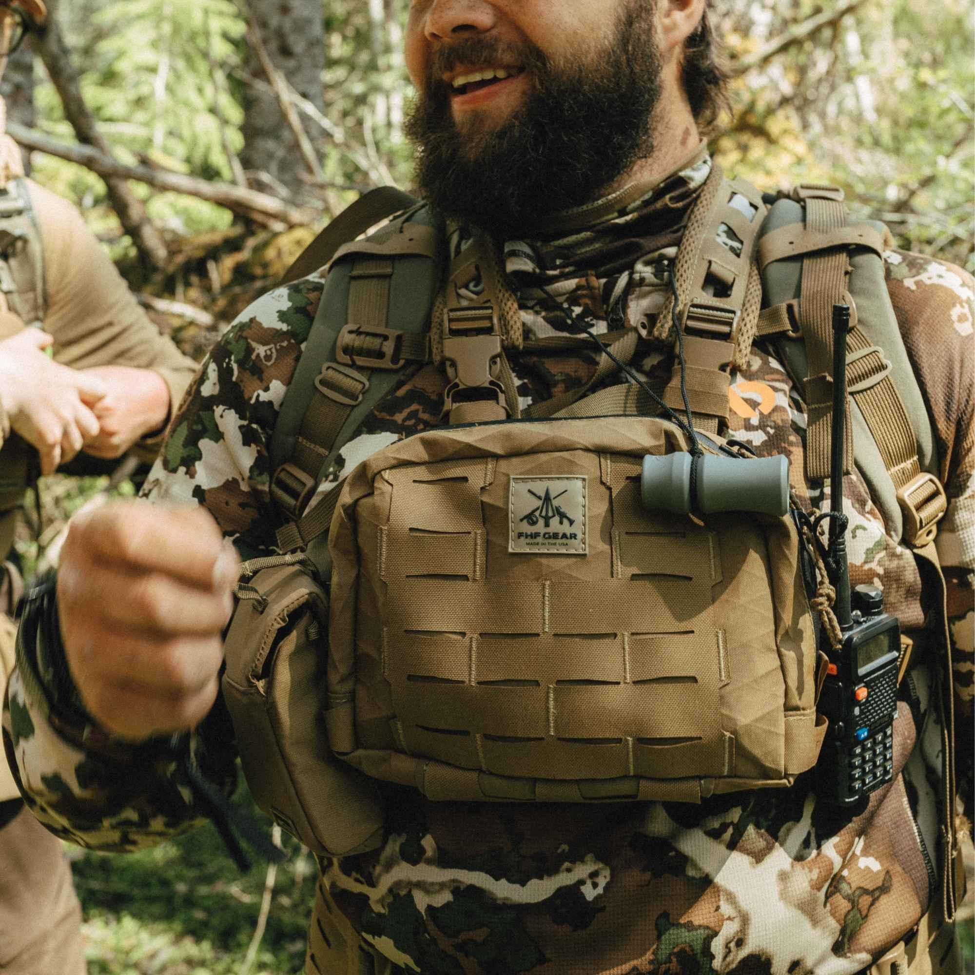 Man wearing camo hunting gear along with a FHF Gear chest rig 