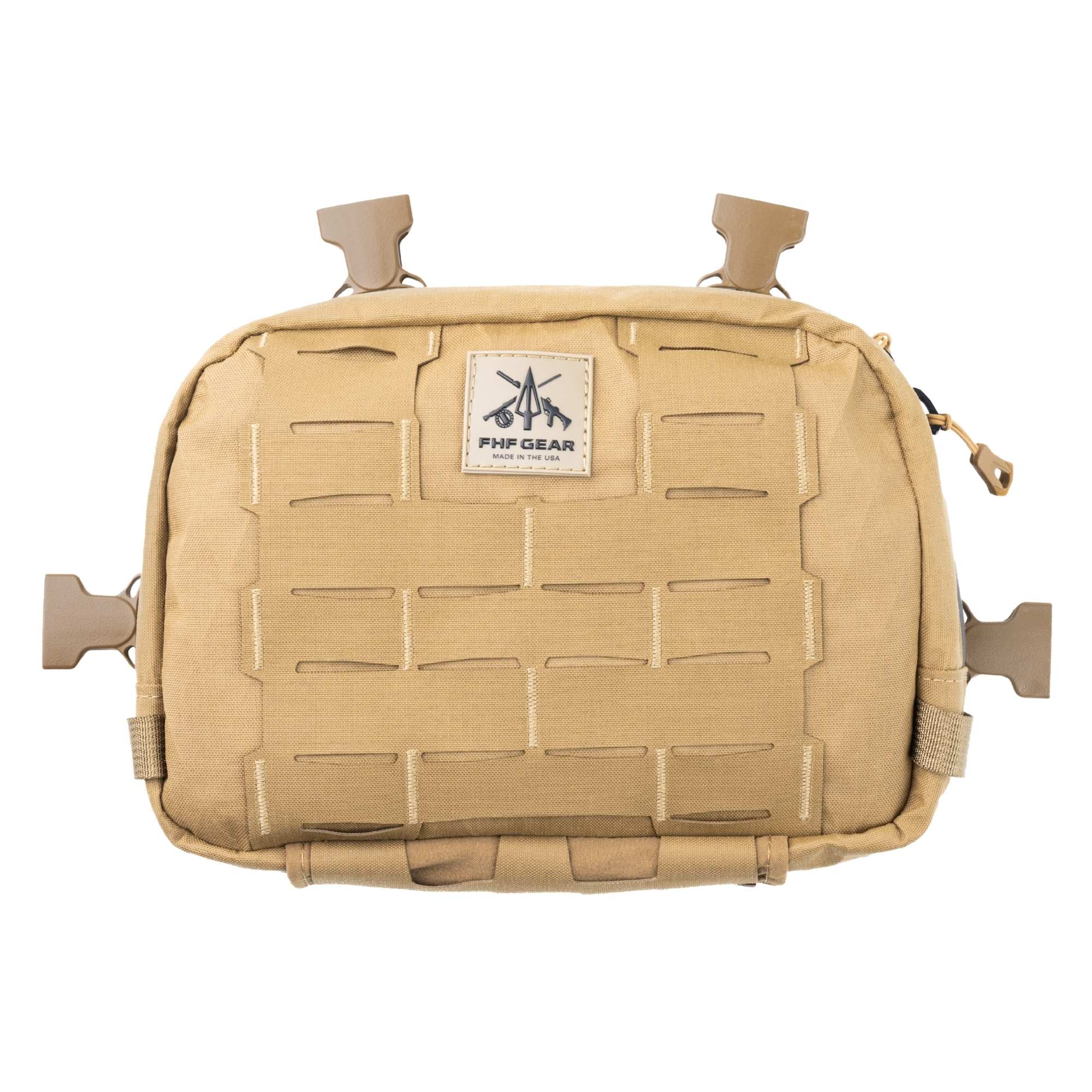FHF Gear chest rig with tan laser-cut front, logo, and top attachment clips