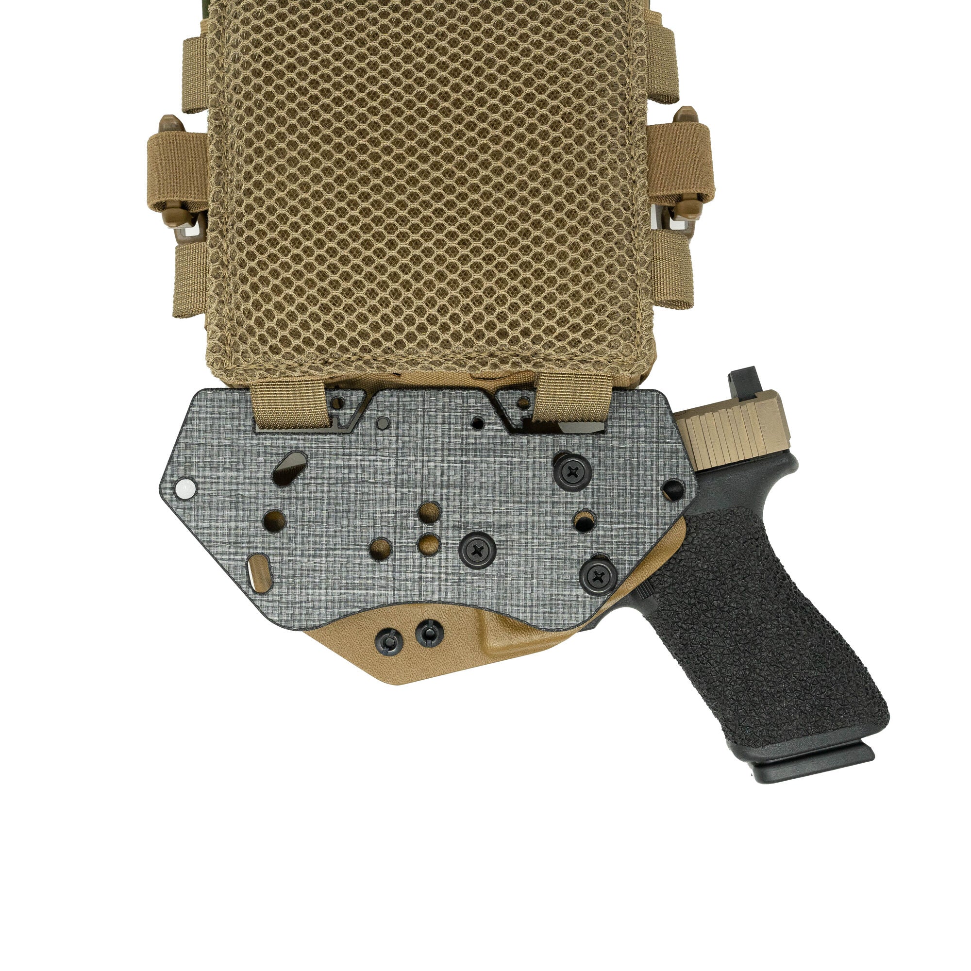 Tan mesh panel, grey mounting plate, tan holster with black/tan handgun.