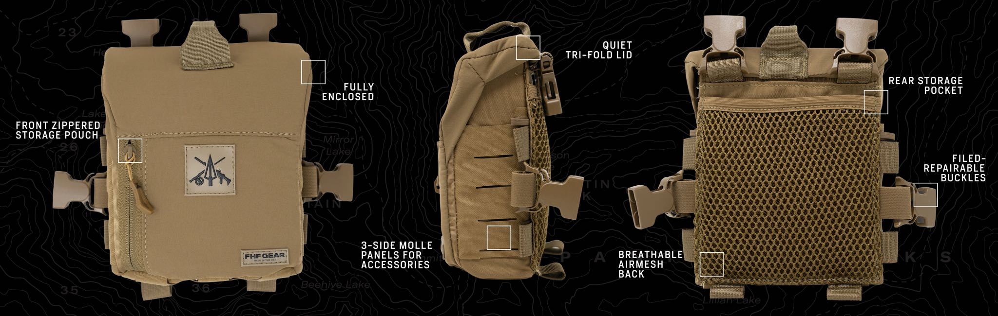 Tan gear pouch with zippered front, tri-fold lid, rear mesh pocket, and MOLLE panels.