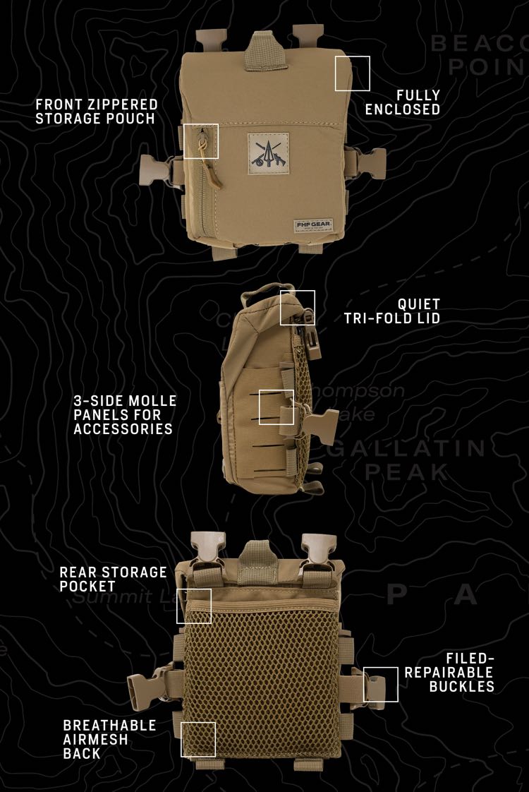 Tan gear pouch with zippered front, mesh back, MOLLE panels, and tri-fold lid.
