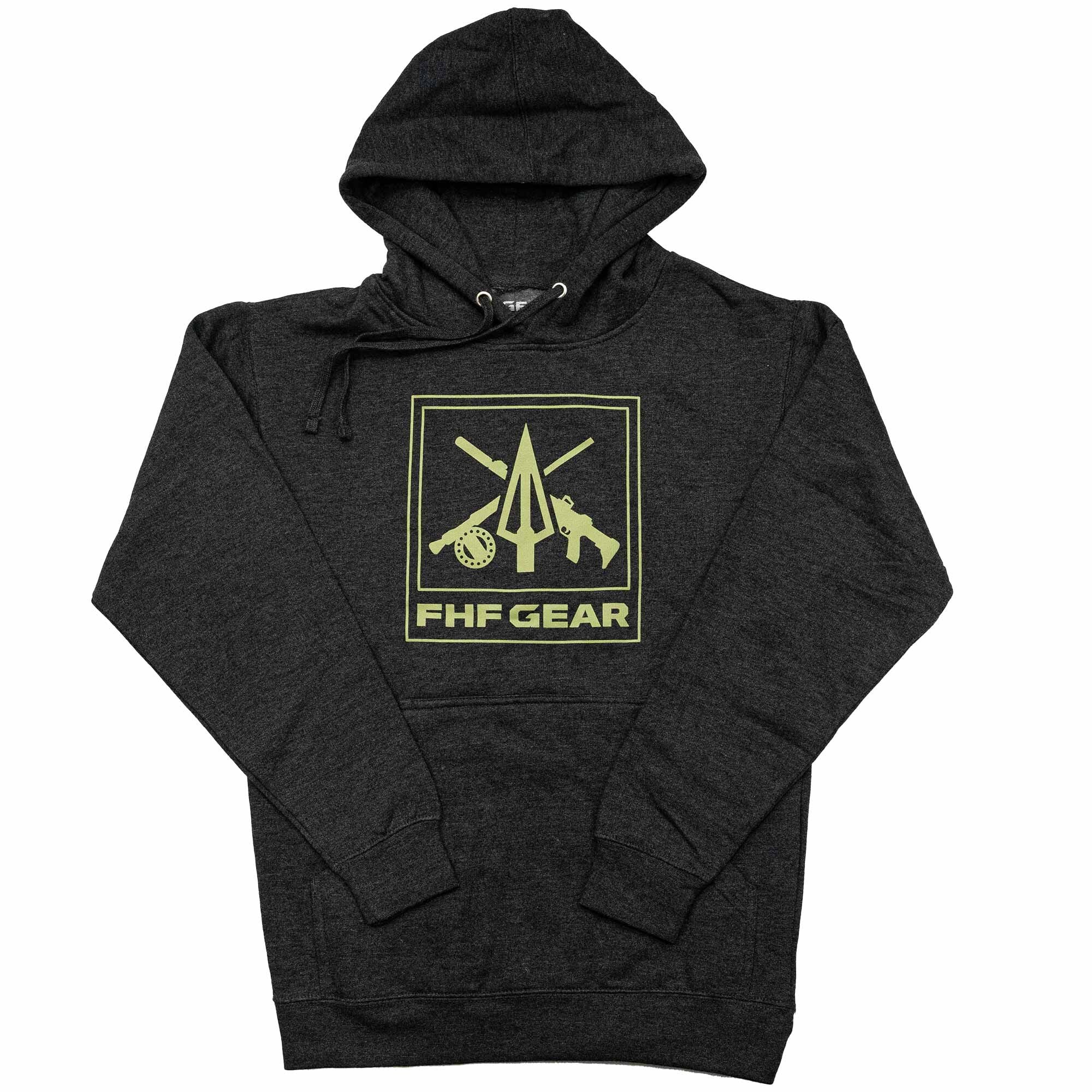 Charcoal heather hoodie with FHF GEAR logo featuring hunting/fishing icons.