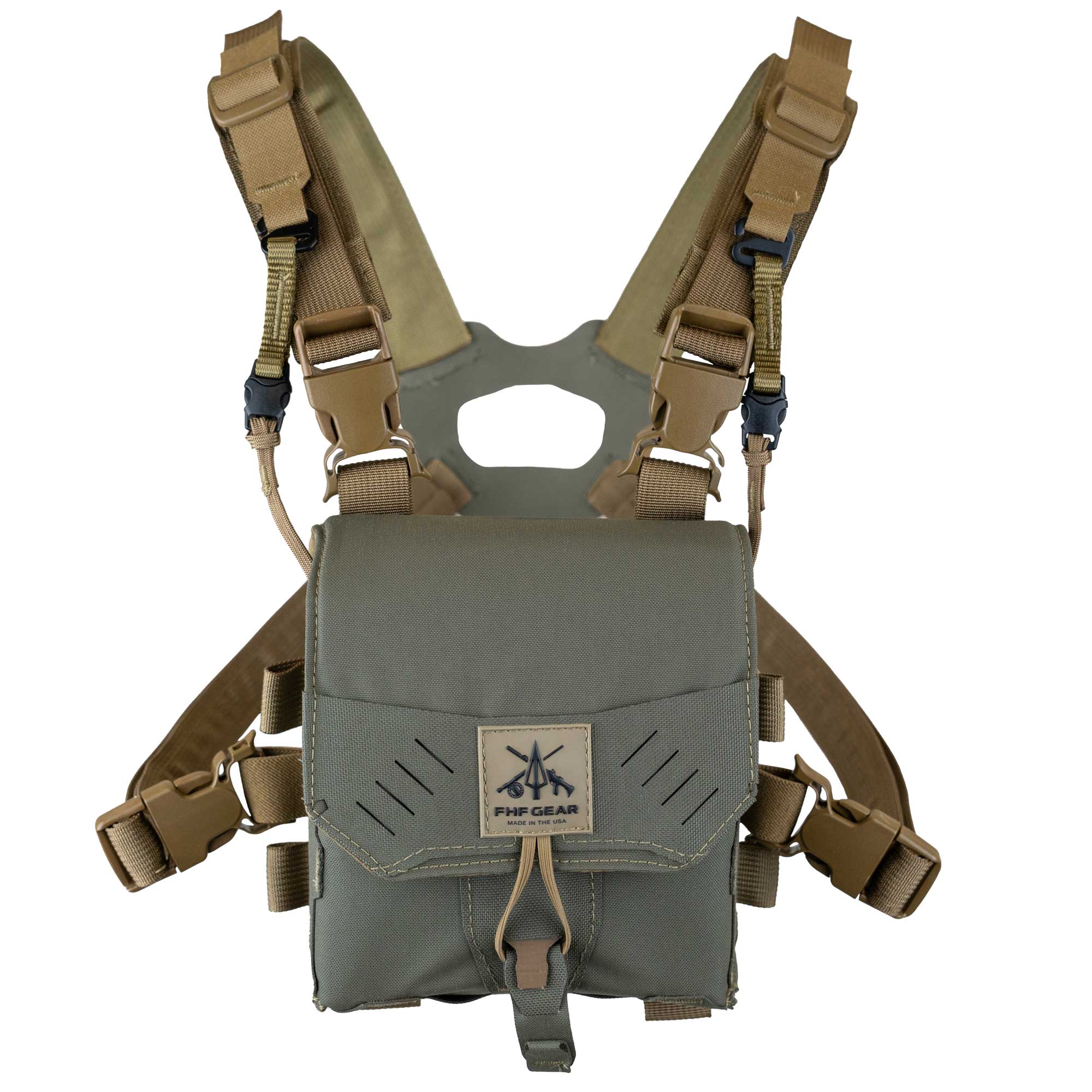 An olive green bino harness with tan straps and buckles, featuring a front flap and a central FHF Gear logo patch, shown against a plain white background.