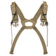 Tan tactical H-harness with webbing straps and adjustable buckles.