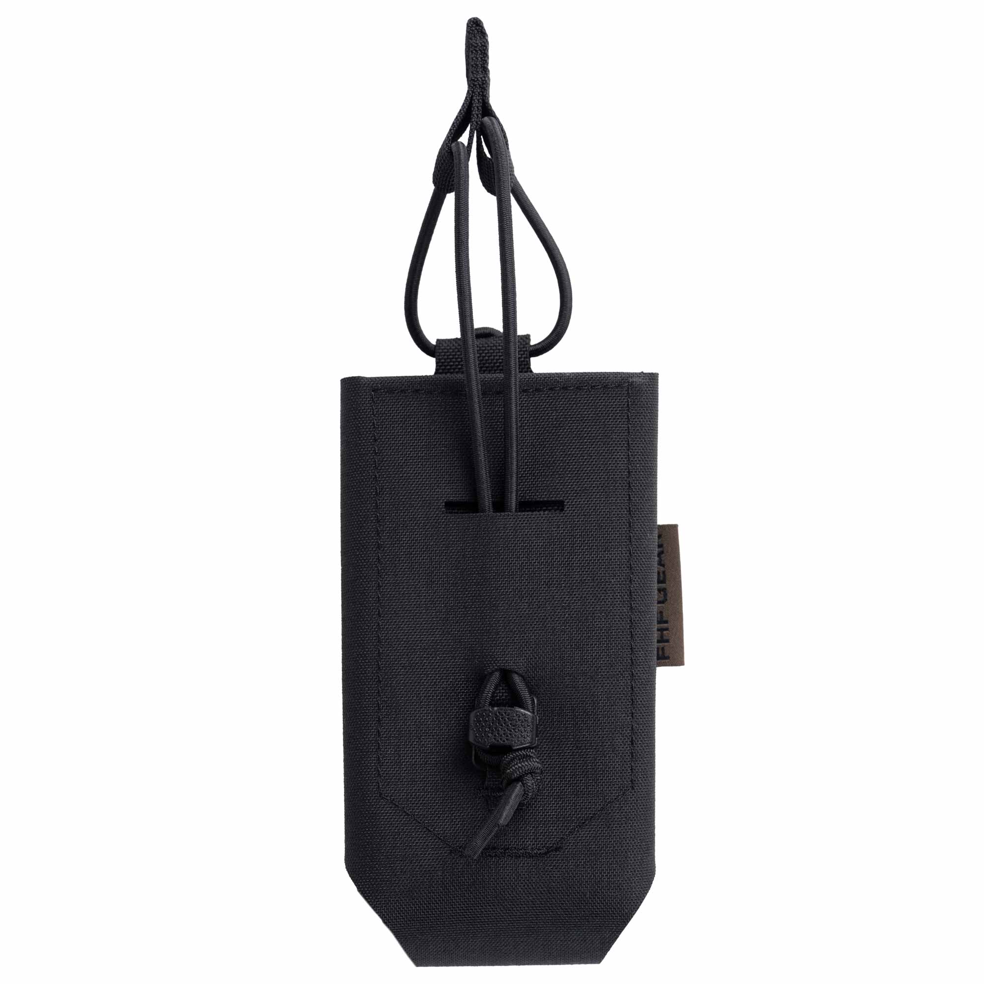 Black radio pouch with a strap on a white background