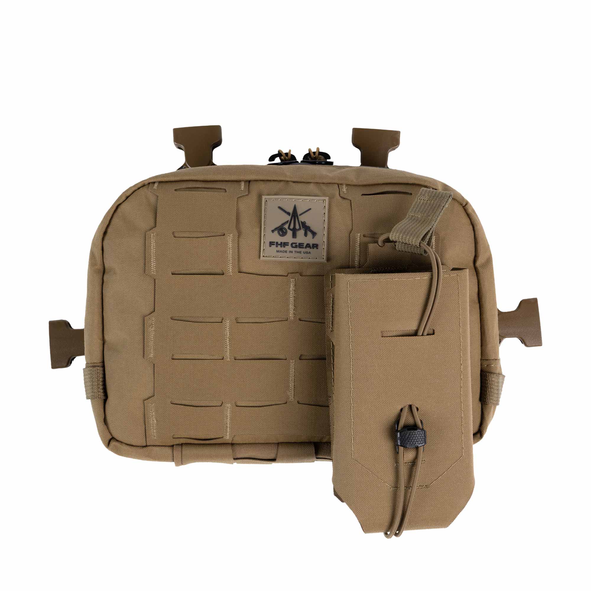 Tan chest rig with a radio pouch and an FHF Gear logo on a white background
