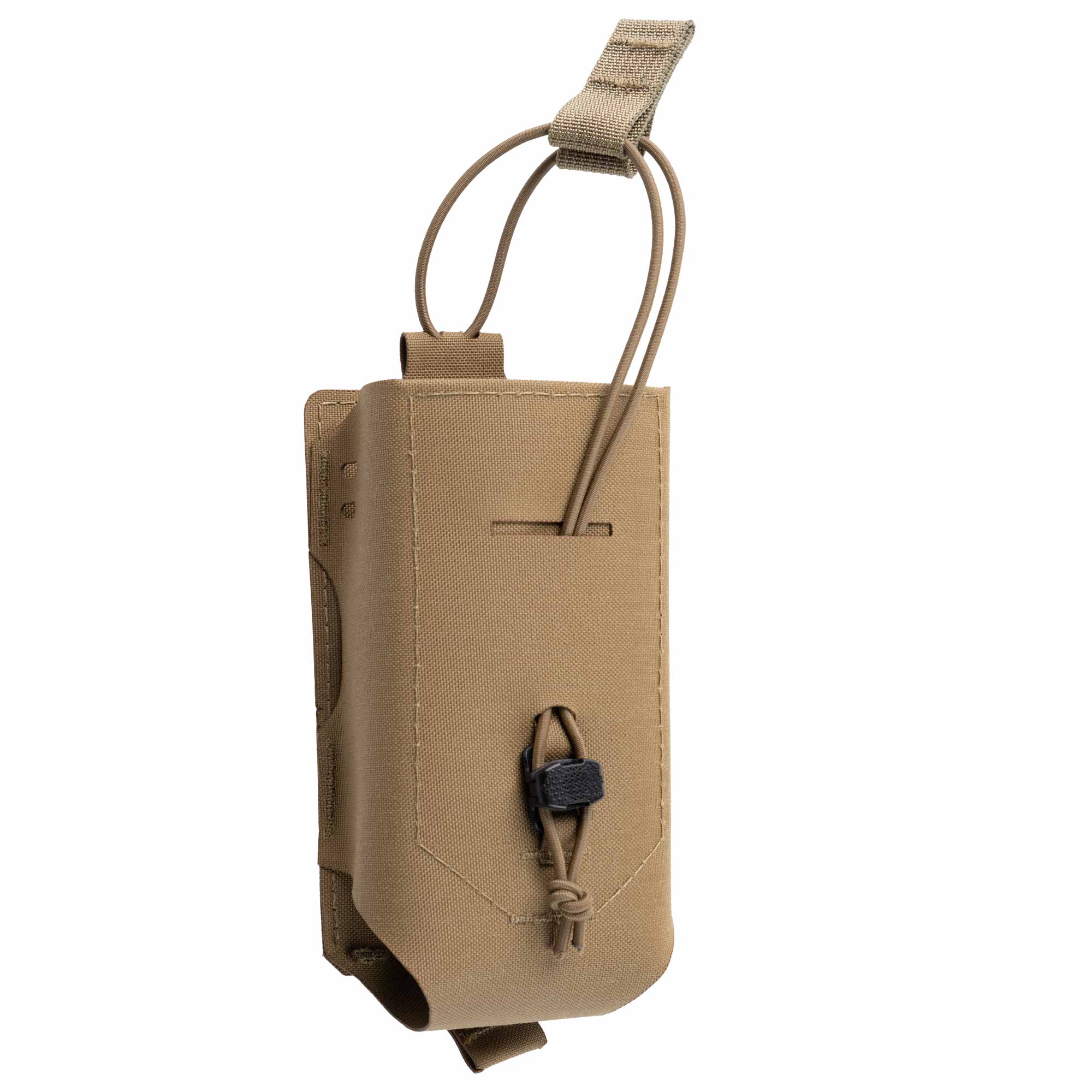 Tan radio pouch with a strap on a white background