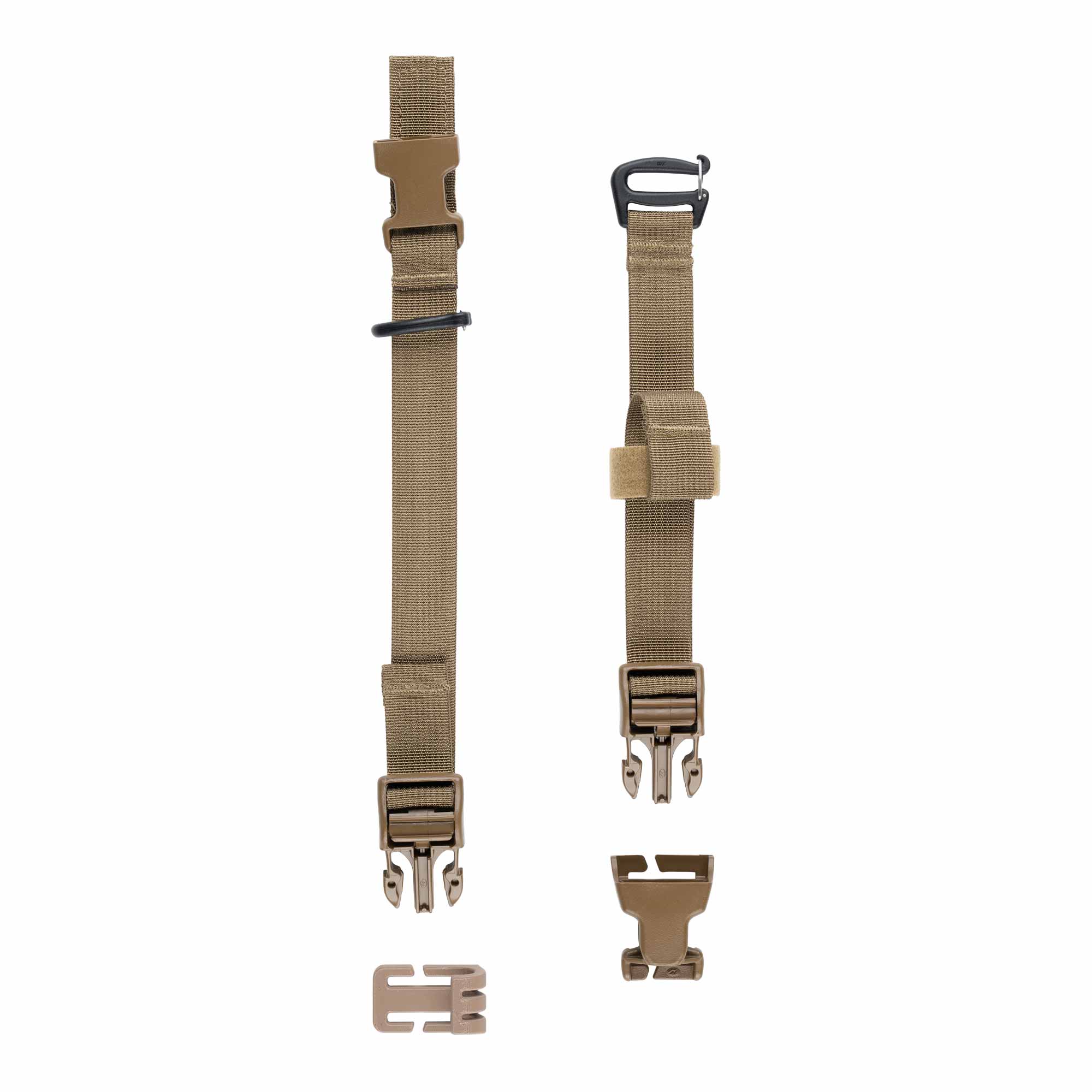 Two brown tactical straps with clips on a white background