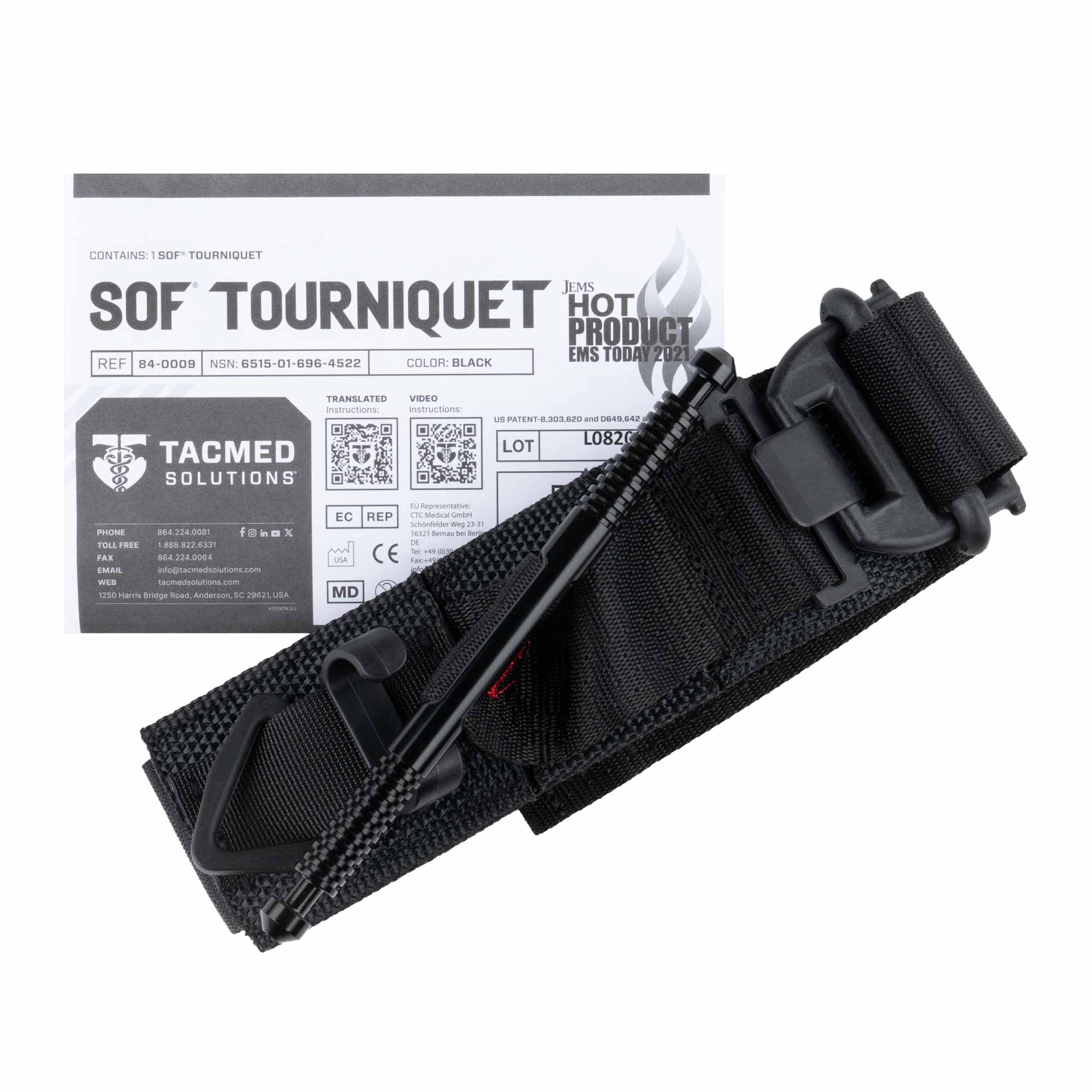Black tourniquet with packaging on a white background