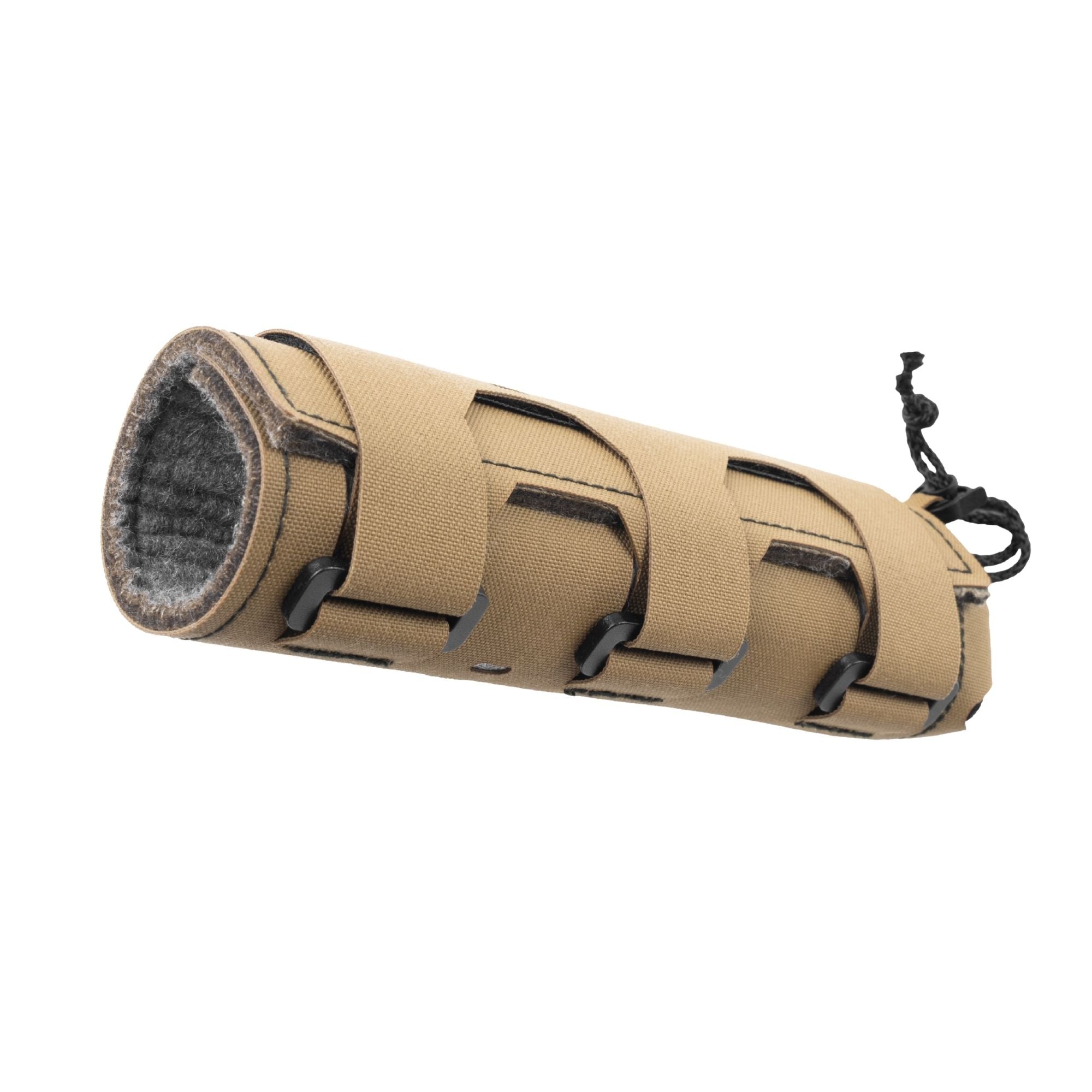 Coyote brown suppressor cover with hook-and-loop straps and a circular opening.