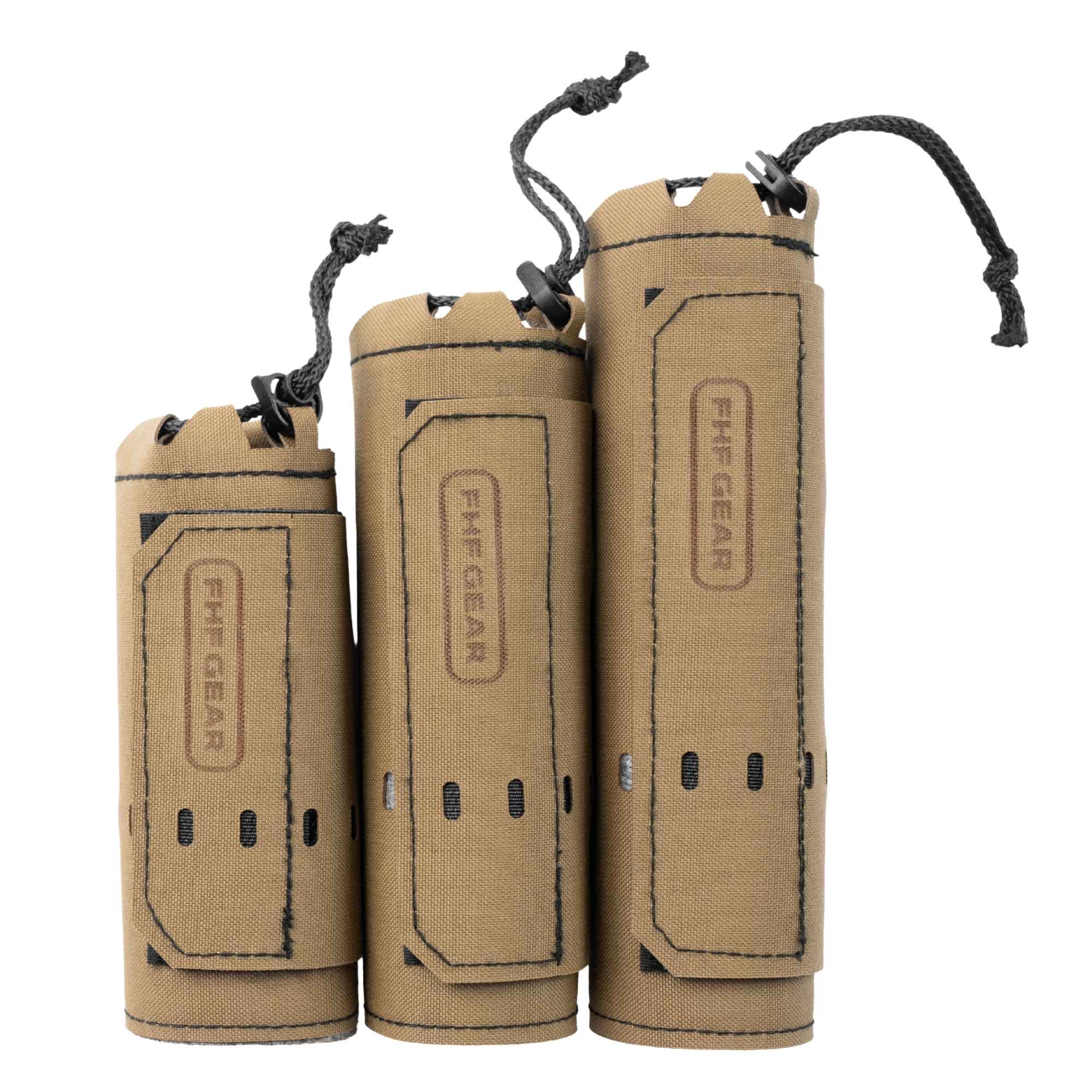Three Coyote brown suppressor covers in different sizes with black end and FHF GEAR branding.