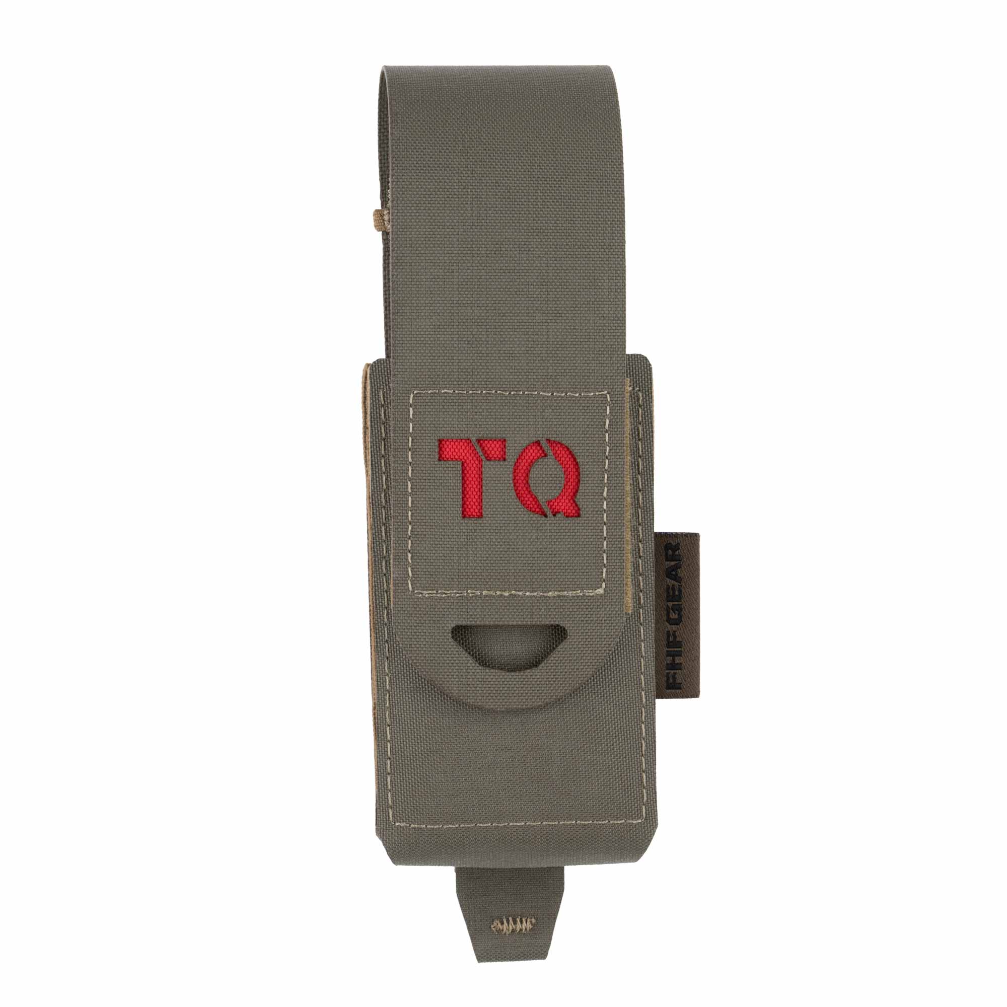 Green tourniquet pouch with red 'TQ' logo on a white background
